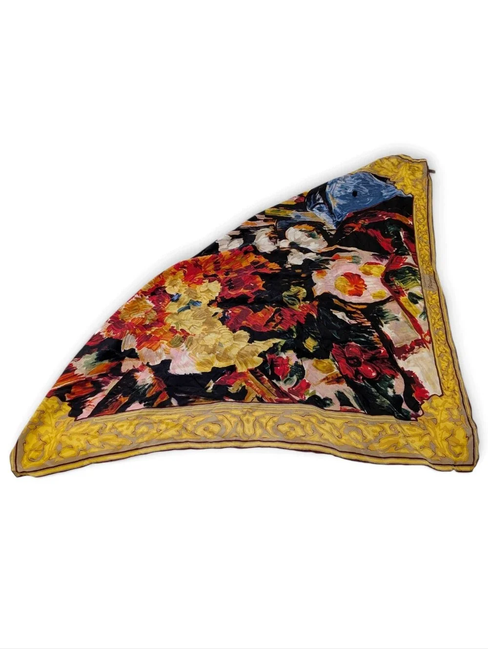 VINTAGE Paul Cézanne Art Scarf Silk Chrysanthemums Floral Print Black Yellow Red